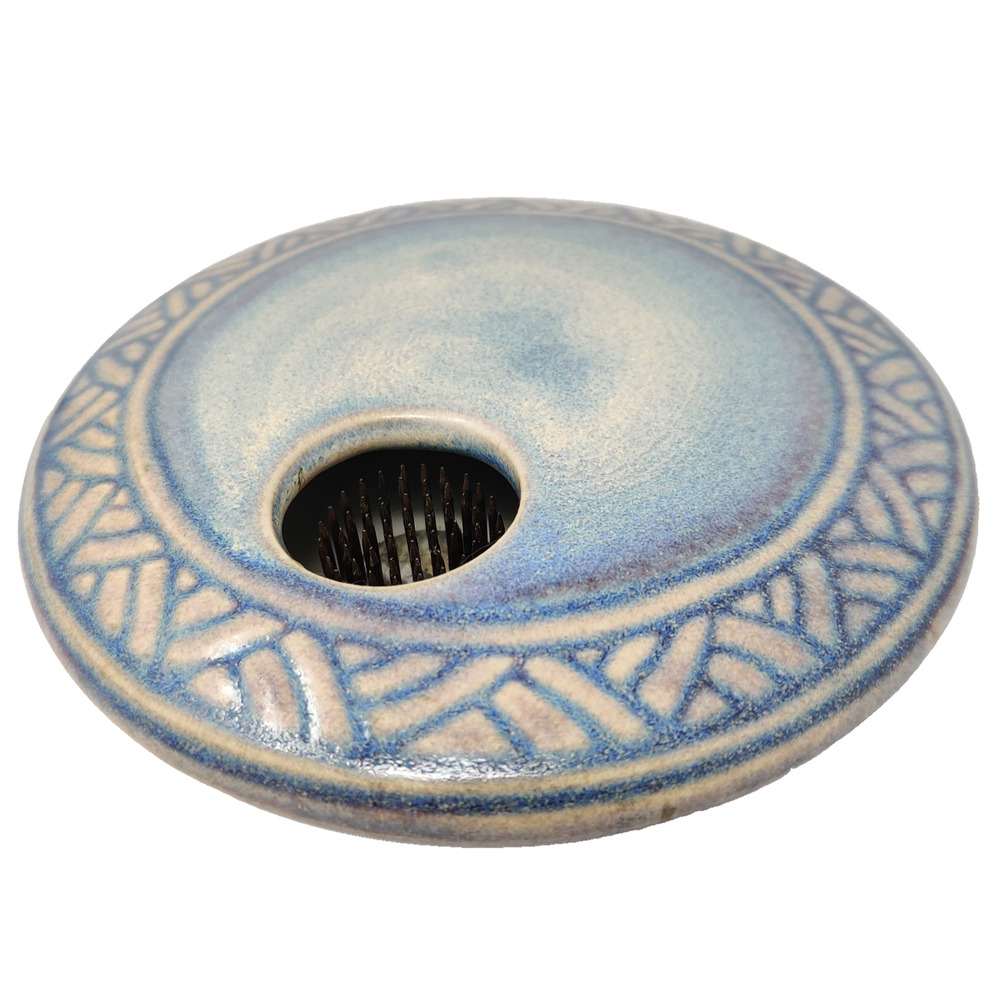 Vintage Studio Pottery Round Ikebana Vase w Flower Frog Blue Glaze Modern Signed